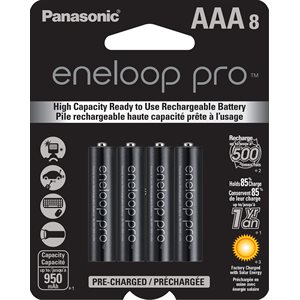 Panasonic eneloop pro 500 cycle 8-pack AAA high capacity Ni-MH precharged rechargeable batteries